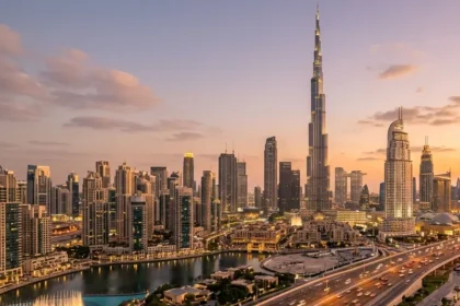 Burj Khalifa skyline view in Downtown Dubai at sunset