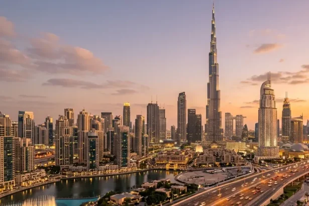 Burj Khalifa skyline view in Downtown Dubai at sunset