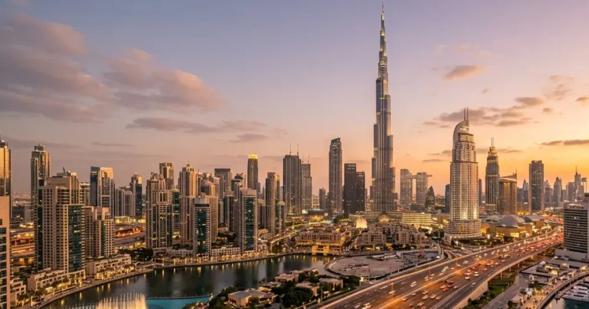 Burj Khalifa skyline view in Downtown Dubai at sunset