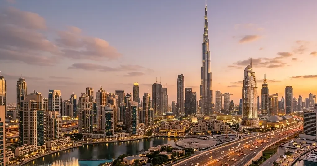 Burj Khalifa skyline view in Downtown Dubai at sunset