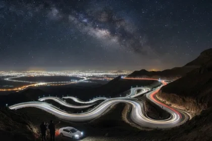 Scenic winding mountain road of Jebel Hafeet with hairpin turns in UAE
