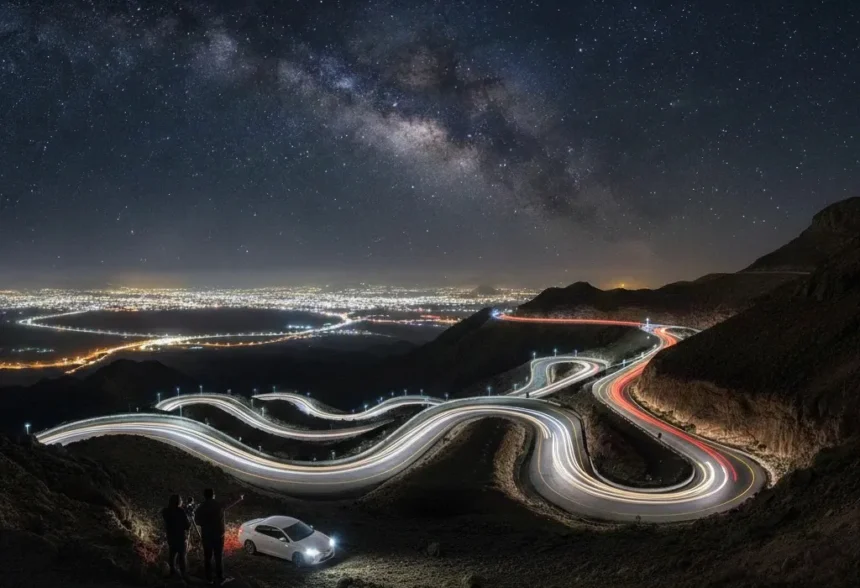 Scenic winding mountain road of Jebel Hafeet with hairpin turns in UAE