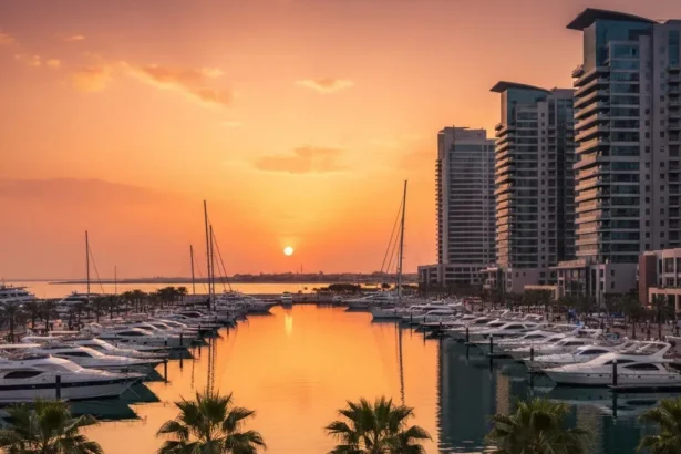 Marsa Al Bateen Sunset view of Marina with docked yachts and promenade in Abu Dhabi