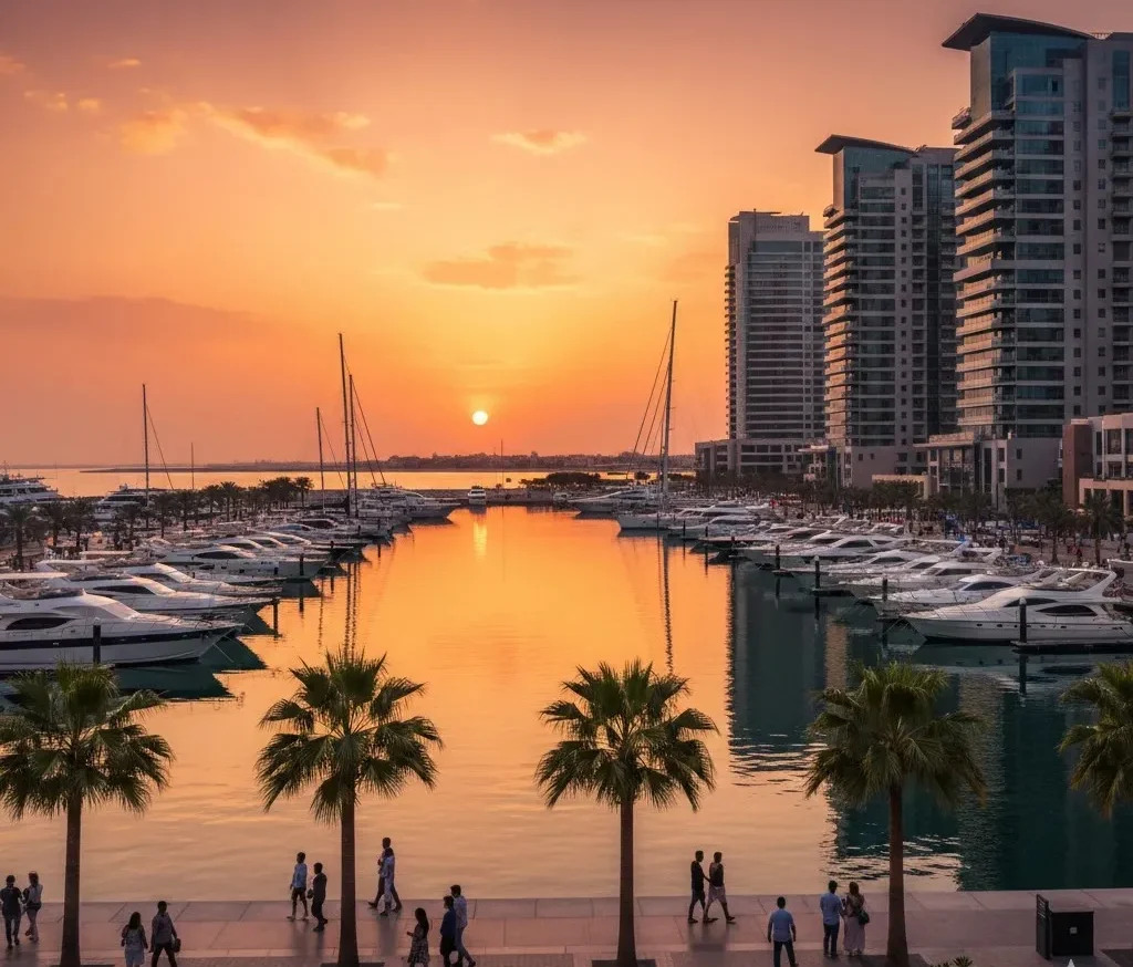 Marsa Al Bateen Sunset view of Marina with docked yachts and promenade in Abu Dhabi
