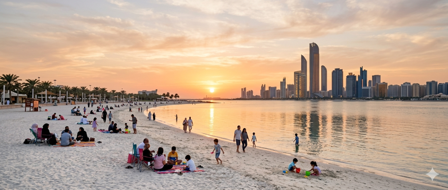 Al Bateen Beach Abu Dhabi sunset view with families