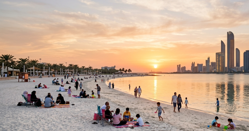 Al Bateen Beach Abu Dhabi sunset view with families