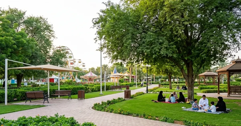 Family relaxing in green spaces at Hili Fun City Al Ain