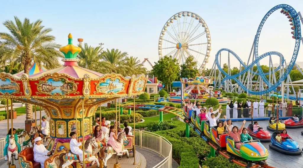 Kids enjoying rides at Hili Fun City Al Ain amusement park