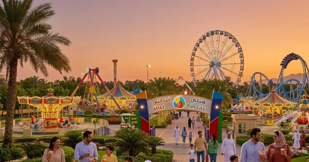 Sunset view of Hili Fun City Al Ain amusement park