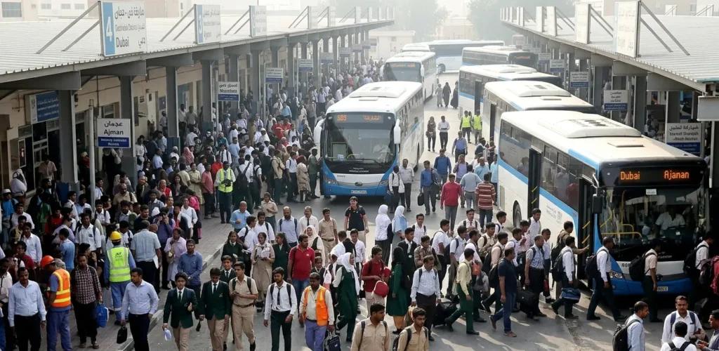 Crowd at Muwaileh Bus Terminal during peak hours