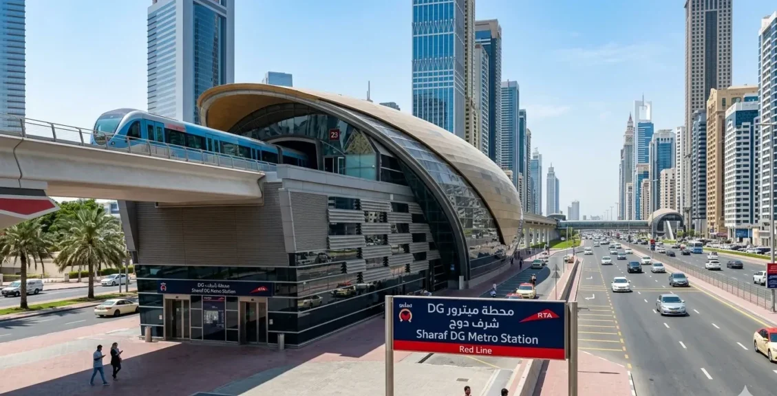 Sharaf DG Metro Station Dubai exterior view on Red Line