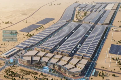 Futuristic Al Sajaa Sharjah industrial area smart logistics hub with advanced warehouses and AI transport systems