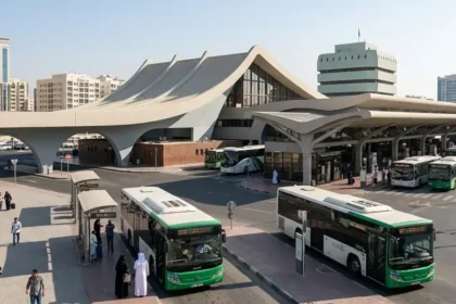 Abu Dhabi Central Bus Station exterior view in Al Wahda district with buses and passengers