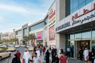 China Mall Ajman exterior view with shoppers entering the mall
