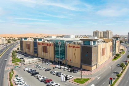 Safari Mall Sharjah exterior with visitors entering the mall