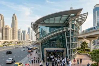 Union Metro Station Dubai entrance with commuters and modern architecture
