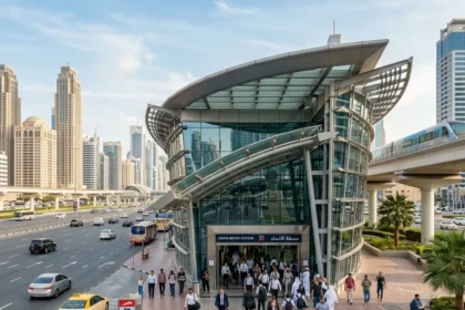 Union Metro Station Dubai entrance with commuters and modern architecture
