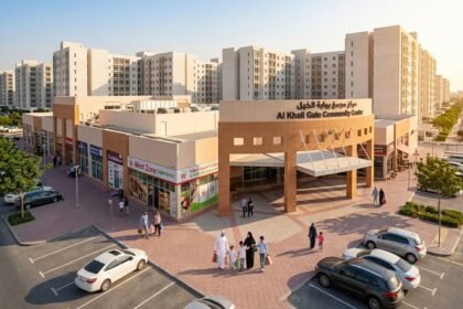 Al Khail Gate Community Centre Dubai exterior view with shops and residents