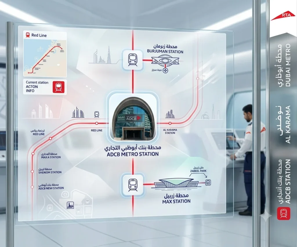 A visual comparison of the station’s former Al Karama name and its current ADCB identity.