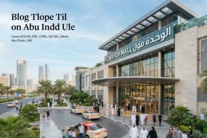 A realistic exterior view of Al Wahda Mall showing its main entrance and visitors arriving for shopping, dining and entertainment.