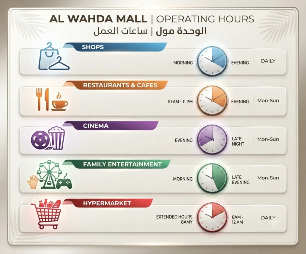 Different opening hours at Al Wahda Mall