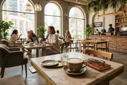 Coffee near me in Dubai and Abu Dhabi showing a stylish UAE café interior with a coffee cup