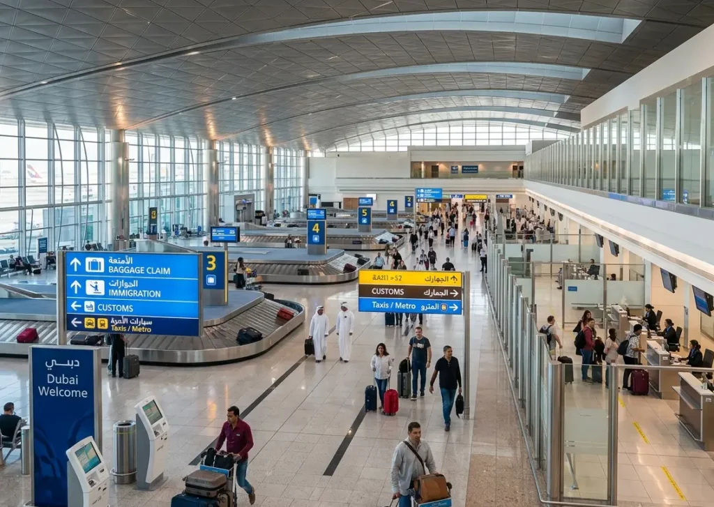 Passengers arriving at Dubai Airport Terminal 1 arrivals hall