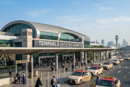 Dubai Airport Terminal 2 entrance with passengers and taxis