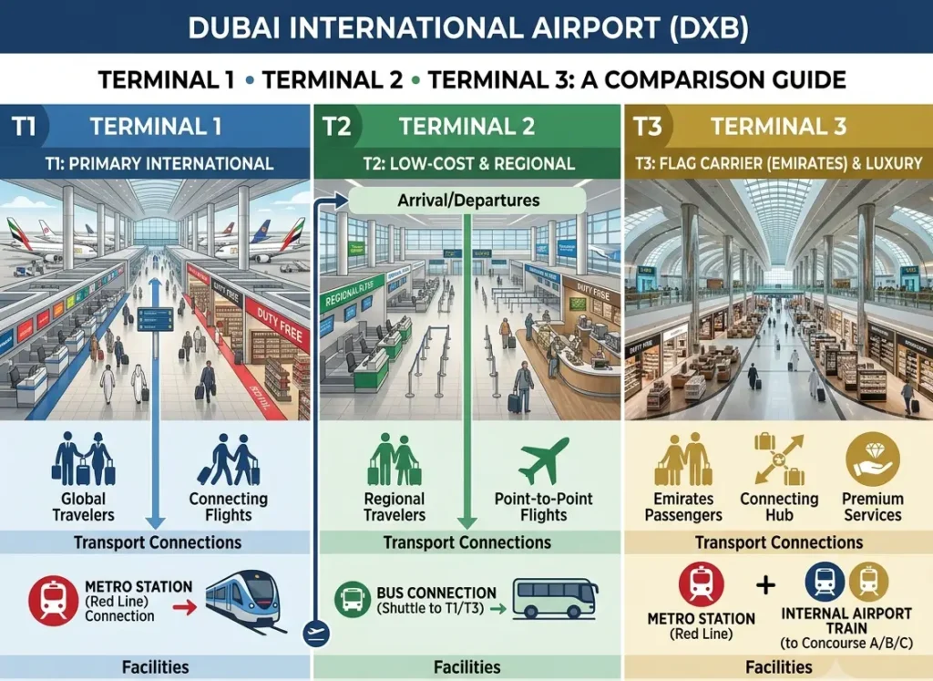 Comparison view of Dubai Airport terminals including Terminal 1