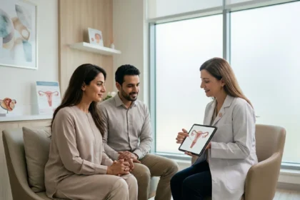 Woman preparing for an embryo transfer consultation at an IVF clinic