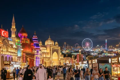 Global Village Dubai illuminated pavilions and visitors