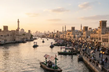 Old Dubai heritage district and abra boats beside Dubai Creek