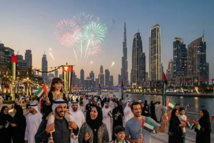 UAE National Day Eid Al Etihad celebration with families and UAE flags