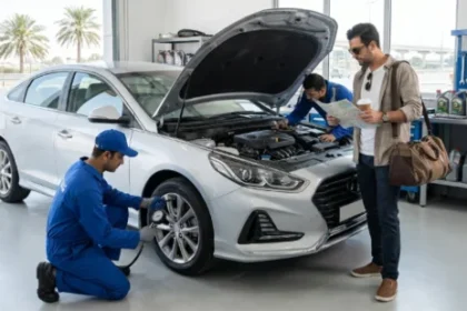 Vehicle inspection before a Dubai to Abu Dhabi road trip.