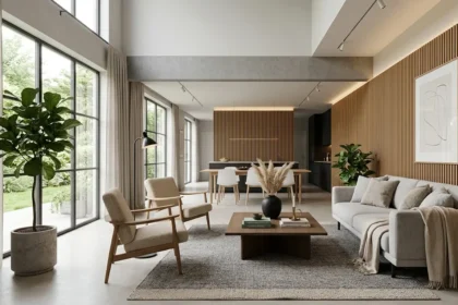 Wood acoustic wall panels in a modern open-plan living room