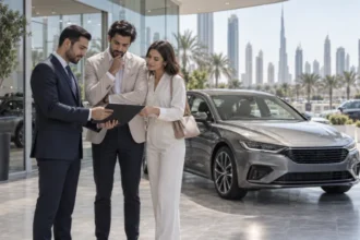 Couple and advisor reviewing a vehicle agreement beside a car in Dubai
