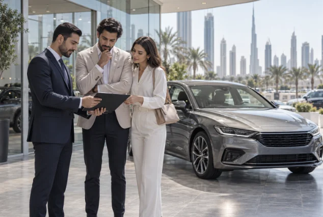 Couple and advisor reviewing a vehicle agreement beside a car in Dubai