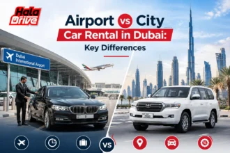 Rental car parked near Dubai International Airport for traveler pickup